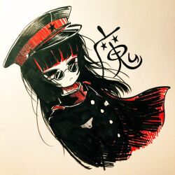 Rule 34 | 1girl, black eyes, black hair, black hat, black jacket, buttons, cape, closed mouth, collared jacket, commentary request, cropped torso, frown, gradient background, hat, jacket, limited palette, long hair, looking at viewer, looking over eyewear, military hat, military jacket, military lolita, no pupils, original, peaked cap, pink background, red cape, red hat, round eyewear, shi (yotsuhaka), solo, star (symbol), sunglasses, traditional media, two-tone hat, two-tone headwear, upper body