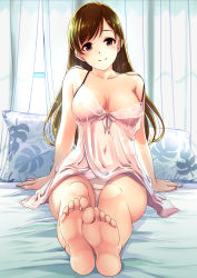 Rule 34 | 10s, 1girl, barefoot, bed, blush, breasts, brown hair, chemise, cleavage, collarbone, covered navel, curtains, feet, foot focus, foreshortening, gustav (telomere na), highres, idolmaster, idolmaster cinderella girls, lace, lingerie, long hair, looking at viewer, negligee, nightgown, nipples, nitta minami, off shoulder, panties, pantyshot, pillow, red eyes, see-through, sitting, smile, soles, solo, strap slip, toes, underwear