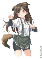 Rule 34 | 1girl, animal ears, arashio (kancolle), arm warmers, bike shorts, blush, brown eyes, brown hair, closed mouth, collar, collarbone, collared shirt, dog ears, dog tail, ebifurya, hair between eyes, highres, kantai collection, lips, long hair, looking at viewer, paw pose, pleated skirt, school uniform, shirt, simple background, skirt, smile, solo, standing, suspenders, tail, white background, white shirt