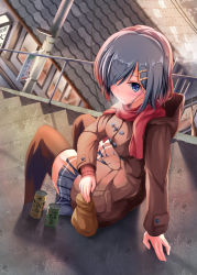Rule 34 | 10s, 1girl, alternate costume, arm support, bad id, bad nicoseiga id, blue eyes, blush, breasts, brown jacket, brown thighhighs, buttons, closed mouth, commentary request, day, eyebrows, eyes visible through hair, grey hair, hair ornament, hair over one eye, hairclip, hamakaze (kancolle), highres, jacket, kantai collection, long sleeves, maimu (gol-em-1226), medium breasts, miniskirt, outdoors, red scarf, scarf, sitting, skirt, solo, thighhighs, window, zettai ryouiki