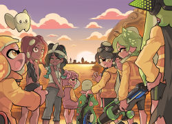 Rule 34 | + +, 1boy, 6+girls, agent 3 (splatoon), agent 4 (splatoon), agent 8 (splatoon), bamboozler 14 (splatoon), bike shorts, black cape, black hair, black shirt, black shorts, black skirt, blonde hair, blunt bangs, brown eyes, cap&#039;n cuttlefish, cape, capri pants, chain, cityscape, closed eyes, closed mouth, cloud, cloudy sky, commentary, cousins, dark-skinned female, dark skin, dress, earrings, english commentary, eyewear on head, fangs, gomipomi, gradient hair, grandfather and granddaughter, green hair, grey hair, grey pants, hands in pockets, headband, headgear, hero charger (splatoon), hero roller (splatoon), holding, holding weapon, hood, hood down, hood up, hoodie, inkling, inkling girl, inkling player character, jacket, jewelry, lake, long hair, long hoodie, long sleeves, looking at viewer, looking back, mask, midriff, miniskirt, mole, mole under eye, mole under mouth, mouth mask, multicolored hair, multiple girls, nintendo, octoling, octoling girl, octoling player character, open mouth, pants, pencil skirt, pendant, pink dress, pink hair, pointy ears, purple sky, shirt, short dress, short eyebrows, short hair, shorts, single vertical stripe, skirt, sky, smile, splatoon (series), splatoon 2, splatoon 2: octo expansion, statue, suction cups, sunglasses, sunset, tank top, tentacle hair, vest, waving, weapon, white headband, white shirt, yellow jacket, yellow vest