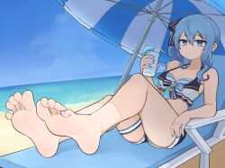 Rule 34 | 1girl, barefoot, beach, beach umbrella, bikini, blue bikini, blue eyes, blue hair, blue nails, blue sky, breasts, cleavage, commentary, drink, english commentary, feet, fingernails, foot focus, highres, holding, holding drink, hololive, hololive summer 2023 swimsuit, hoshimachi suisei, legs, medium breasts, nail polish, ocean, outdoors, sand, sky, smile, softhanten, soles, solo, spread toes, striped bikini, striped clothes, swimsuit, toenail polish, toenails, toes, umbrella, virtual youtuber, water