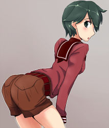 Rule 34 | 10s, 1girl, ass, belt, bent over, blush, breasts, female focus, green eyes, green hair, kantai collection, komma la, looking back, matching hair/eyes, mogami (kancolle), open mouth, personification, school uniform, short hair, shorts, solo