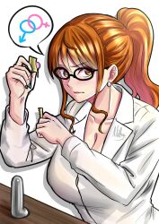 1girl artist_name black-framed_eyewear blue_nails breasts cleavage coat collarbone condom condom_wrapper dildo drop_shadow earrings female_focus fingernails glasses highres jewelry lab_coat large_breasts lips long_hair looking_at_viewer matching_hair/eyes mifenami nail_polish nami_(one_piece) one_piece orange_eyes orange_hair ponytail red_lips see-through_clothes see-through_coat sex_toy simple_background solo sphere_earrings v-shaped_eyebrows wavy_mouth white_background white_coat