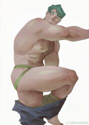 Rule 34 | 1boy, abs, artist request, bara, foot out of frame, from side, green hair, green male underwear, highres, huge eyebrows, jockstrap, large pectorals, looking back, male focus, male underwear, muscular, muscular male, nipples, original, outstretched arm, pectorals, protected link, short hair, solo, thick thighs, thighs, topless male, underwear, undressing