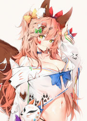 Rule 34 | 1girl, :3, absurdres, animal ear fluff, animal ears, arm up, bandaid, bandaid on face, blue bow, blue choker, blush, bow, breasts, choker, cleavage, collarbone, commentary, crescent, crescent hair ornament, crop top, facial mark, fate/extra, fate (series), fox ears, fox girl, fox mask, fox tail, green bow, hair between eyes, hair bow, hair ornament, hairclip, heart stickers, highres, huge filesize, large breasts, long hair, long sleeves, looking at viewer, mask, unworn mask, midriff, navel, off shoulder, pink hair, red bow, shirt, silver (chenwen), simple background, solo, star (symbol), star hair ornament, sticker, stomach, tail, tail raised, tamamo (fate), tamamo no mae (fate/extra), very long hair, whisker markings, white background, white shirt, yellow bow, yellow eyes