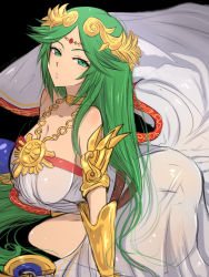 Rule 34 | 1girl, ahoge, ancient greek clothes, belt, black background, bracelet, breasts, chiton, collarbone, curious, dress, eyelashes, forehead jewel, green eyes, green hair, highres, jewelry, kid icarus, kid icarus uprising, knee up, large breasts, laurel crown, light blush, long dress, long hair, long neck, looking at viewer, multiple belts, neck ring, necklace, nintendo, omiza somi, palutena, parted bangs, parted lips, pendant, shield, simple background, sketch, solo, staff, swept bangs, tareme, tiara, vambraces, very long hair, white dress