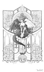 Rule 34 | 1girl, angel wings, artist name, asymmetrical wings, black dress, breasts, cleavage, cross, dizzy (guilty gear), dress, english text, flower, full body, greyscale, guilty gear, guilty gear 2, high heels, jadealike, large breasts, monochrome, monster girl, nature, plant, ponytail, ribbon, solo, tail, tail ornament, tail ribbon, traditional media, tree, wings