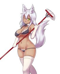 Rule 34 | 1girl, ;d, animal ear fluff, animal ears, bare shoulders, bikini, black bikini, breasts, cleavage, dark-skinned female, dark skin, detached collar, elbow gloves, fang, gloves, green eyes, groin, hair between eyes, head tilt, highres, holding, holding mop, large breasts, long hair, looking at viewer, maid, maid bikini, mop, nav (itsnav), navel, one eye closed, open mouth, original, silver hair, simple background, skindentation, smile, solo, stomach, swimsuit, tail, thighhighs, unconventional maid, white background, white gloves, white thighhighs