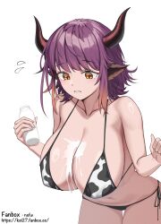 Rule 34 | 1girl, animal ears, animal print, arknights, bare arms, bare shoulders, bikini, bottle, breasts, brown eyes, clenched teeth, commentary request, cow print, cowboy shot, highres, holding, holding bottle, horns, huge breasts, milk, milk bottle, navel, purple hair, short hair, sideroca (arknights), siguya, simple background, solo, standing, stomach, swimsuit, teeth, white background