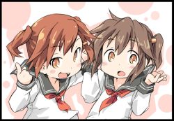 Rule 34 | 10s, 2girls, alternate hairstyle, black border, blush, border, brown eyes, brown hair, fang, hair ornament, hairclip, ham (points), ikazuchi (kancolle), inazuma (kancolle), kantai collection, long hair, looking at viewer, multiple girls, neckerchief, open mouth, red neckerchief, school uniform, serafuku, short hair, smile, twintails