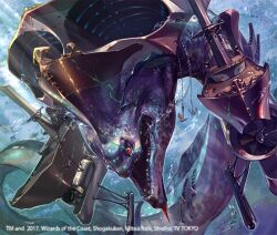 anchor animal animal_focus copyright_notice duel_masters fangs moray_eel no_humans official_art open_mouth oversized_animal red_eyes school_of_fish ship so-taro solo utsuvoid_4th_city watercraft