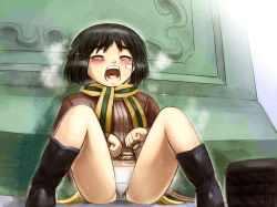 Rule 34 | 1girl, black footwear, black hair, blush, boots, brave witches, breasts, brown jacket, closed eyes, crotch, exhausted, female focus, hosoinogarou, jacket, kanno naoe, no pants, open mouth, panties, scarf, short hair, sitting, small breasts, solo, spread legs, sweat, teeth, thighs, tongue, underwear, white panties, world witches series