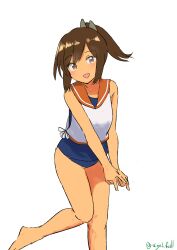 Rule 34 | 1girl, absurdres, blue one-piece swimsuit, brown eyes, brown hair, highres, i-401 (kancolle), kantai collection, looking at viewer, one-hour drawing challenge, one-piece swimsuit, ponytail, robinson (day l full), sailor collar, school swimsuit, shirt, short hair, side-tie shirt, simple background, sleeveless, sleeveless shirt, smile, solo, swimsuit, swimsuit under clothes, tan, white background