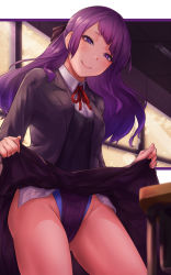 Rule 34 | 1girl, bad id, bad pixiv id, blazer, blurry, classroom, clothes lift, commentary request, competition swimsuit, cowboy shot, depth of field, desk, diagonal bangs, grin, hair ribbon, half updo, highres, idolmaster, idolmaster shiny colors, jacket, lifted by self, long hair, one-piece swimsuit, purple eyes, purple hair, ribbon, school desk, skirt, skirt lift, smile, solo, swimsuit, swimsuit under clothes, tanaka mamimi, user knzu4822, window