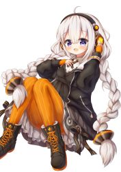Rule 34 | 1girl, :d, ahoge, bad id, bad pixiv id, black dress, black footwear, black jacket, blush, boots, braid, breasts, commentary request, cross-laced footwear, dress, hair between eyes, hair ornament, headphones, highres, jacket, kizuna akari, lace-up boots, long hair, long sleeves, looking at viewer, low twintails, open mouth, orange pantyhose, pantyhose, puffy long sleeves, puffy sleeves, purple eyes, silver hair, simple background, sleeves past wrists, small breasts, smile, solo, striped clothes, striped pantyhose, twin braids, twintails, vertical-striped clothes, vertical-striped pantyhose, very long hair, vocaloid, voiceroid, waste (arkaura), white background