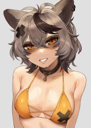 Rule 34 | 1girl, animal ears, bikini, black hair, choker, collar, grey hair, hair ornament, hairclip, highres, indie virtual youtuber, looking at viewer, md5 mismatch, raccoon ears, raccoon girl, self-upload, smile, snuffy (vtuber), solo, swimsuit, virtual youtuber, whispering for nothing, white background