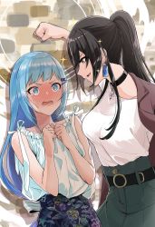Rule 34 | 2girls, @ @, bare shoulders, belt, black belt, black choker, black hair, blue eyes, blue hair, blush, choker, clenched hand, clenched hands, commentary request, earrings, green skirt, hair ornament, hairclip, hand on wall, high ponytail, highres, idolmaster, idolmaster million live!, idolmaster million live! theater days, idolmaster shiny colors, jacket, jacket on shoulders, jewelry, kabedon, light blue hair, long hair, looking at another, multiple girls, necklace, open mouth, ponytail, shiraishi tsumugi, shirase sakuya, shirt, sidelocks, skirt, sleeveless, sleeveless shirt, standing, tears, tsukuda hayato, white shirt, yellow eyes