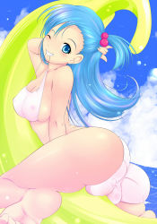 Rule 34 | 1girl, ass, barefoot, bikini, blue eyes, blue hair, blush, breasts, bulma, cameltoe, cleavage, cleft of venus, cloud, day, dragon ball, fat mons, grin, hair bobbles, hair ornament, innertube, katori (mocchidou), large breasts, long hair, looking at viewer, looking back, matching hair/eyes, mouth hold, ocean, one eye closed, see-through, shiny skin, sideboob, skindentation, smile, soles, solo, swim ring, swimsuit, water, white bikini, wink