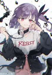 Rule 34 | 1girl, absurdres, arm up, black jacket, braid, broken, broken chain, chain, chess piece, chibirisu, choker, cowboy shot, english text, hair ornament, hand on own face, highres, holding, holding chain, jacket, jacket partially removed, jewelry, long sleeves, multiple rings, nail polish, official art, one side up, pawn (chess), purple hair, red eyes, red nails, ring, shirt, shoes, short hair, short sleeves, signature, skirt, solo, tenjin kotone, tenjin kotone (channel), twitter username, virtual youtuber, white shirt