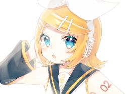Rule 34 | 1girl, :o, akikan sabago, arm warmers, bare shoulders, black collar, black sleeves, blonde hair, bloom, blue eyes, bow, collar, commentary, hair bow, hair ornament, hairclip, hand on headphones, hand up, headphones, kagamine rin, looking at viewer, open mouth, portrait, sailor collar, shirt, short hair, shoulder tattoo, sleeveless, sleeveless shirt, solo, swept bangs, tattoo, treble clef, vocaloid, white background, white bow, white shirt
