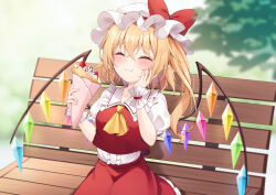 Rule 34 | 1girl, :t, ^ ^, absurdres, ascot, bench, blush, bow, closed eyes, closed mouth, commentary request, cowboy shot, crepe, crossed bangs, crystal, day, eating, flandre scarlet, food, food on face, frilled shirt collar, frilled skirt, frills, hair between eyes, hand on own cheek, hand on own face, hands up, happy, hat, hat bow, highres, holding, holding food, long hair, miy@, mob cap, outdoors, park bench, puffy short sleeves, puffy sleeves, red bow, red skirt, red vest, shirt, short sleeves, side ponytail, sitting, skirt, smile, solo, touhou, vest, white hat, white shirt, white wrist cuffs, wings, wrist cuffs, yellow ascot