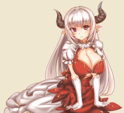 Rule 34 | 10s, 1girl, alicia (granblue fantasy), beige background, breasts, chen bingyou, cleavage, draph, dress, earrings, gloves, granblue fantasy, highres, horns, jewelry, large breasts, long hair, looking at viewer, pointy ears, red eyes, silver hair, simple background, smile, solo, white gloves
