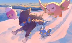 Rule 34 | closed eyes, closed mouth, cloud, colored sclera, commentary request, creatures (company), day, drifloon, game freak, gen 4 pokemon, gen 7 pokemon, highres, luxray, mokukitusui, nintendo, no humans, outdoors, pokemon, pokemon (creature), red sclera, rowlet, running, shinx, sky, smile, snow, sun, yellow eyes, yellow pupils