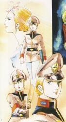 Rule 34 | 1970s (style), 1980s (style), 1girl, belt, blonde hair, earrings, earth federation, gundam, hat, highres, jewelry, looking at viewer, magazine scan, matilda ajan, military, military uniform, mobile suit gundam, multiple persona, multiple views, notebook, oldschool, production art, retro artstyle, scan, science fiction, serious, sketch, traditional media, uniform, yasuhiko yoshikazu