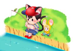 Rule 34 | 2boys, animal ears, animal hood, baseball cap, black hair, blonde hair, blue shorts, cat boy, cat ears, cat tail, child, fishing, fishing rod, hat, holding, holding fishing rod, hood, hoodie, kemonomimi mode, lucas (mother 3), male focus, mini person, miniboy, mizuki (sjsj 10), mother (game), mother 2, mother 3, mouse boy, mouse ears, mouse tail, multiple boys, ness (mother 2), nintendo, quiff, red footwear, red headwear, river, shirt, shoes, shorts, sitting, size difference, smile, socks, striped clothes, striped shirt, t-shirt, tail, water, white legwear, yellow hoodie