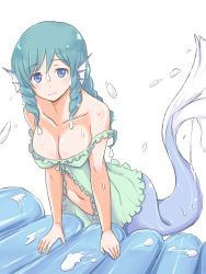 Rule 34 | 1girl, air mattress, aqua hair, babydoll, bare shoulders, blue eyes, breasts, cleavage, collarbone, drill hair, fins, head fins, jack (wkm74959), large breasts, long hair, looking at viewer, mermaid, monster girl, navel, off shoulder, simple background, smile, solo, suggestive fluid, touhou, wakasagihime, wet, white background