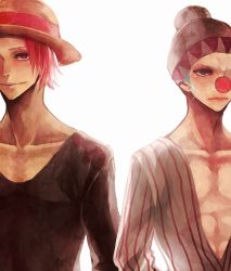 Rule 34 | 2boys, aged down, akizuki hakuto, blue hair, buggy the clown, hat, image sample, male focus, multiple boys, one piece, pirate, pixiv sample, red hair, shanks (one piece), shirt, straw hat, striped clothes, striped shirt, white background