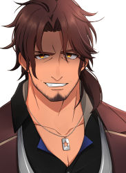 Rule 34 | 1boy, belmond banderas, black shirt, brown eyes, brown hair, brown jacket, choco (chocovix112), collarbone, eyebrows hidden by hair, facial hair, grey vest, grin, highres, jacket, long hair, looking at viewer, low ponytail, male focus, nijisanji, parted bangs, ponytail, shirt, simple background, smile, solo, star (symbol), stubble, upper body, v-shaped eyebrows, vest, virtual youtuber, white background