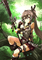 Rule 34 | 1girl, ahoge, alternate costume, berry, bone, boots, branch, brown eyes, brown hair, brown shirt, dagger, detached sleeves, feather hair ornament, feathers, friend (nanashi mumei), gloves, hair ornament, hairclip, highres, hololive, hololive english, in tree, knife, leaf, long hair, looking at viewer, multicolored hair, naginata, nanashi mumei, partially fingerless gloves, polearm, ponytail, sharp teeth, shirt, single glove, sitting, sitting in tree, skychengsart, streaked hair, teeth, thigh strap, toeless footwear, tree, very long hair, virtual youtuber, weapon, wristband