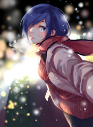 Rule 34 | 1girl, alternate costume, black legwear, blue eyes, blue hair, blurry, blurry background, breasts, bush, commentary request, cowboy shot, from side, g4265059, grey jacket, hair over one eye, head tilt, highres, jacket, kirishima touka, large breasts, lights, long sleeves, looking at viewer, outdoors, pants, red sweater, short hair, snow, solo, striped clothes, striped sweater, sweater, tokyo ghoul, winter clothes
