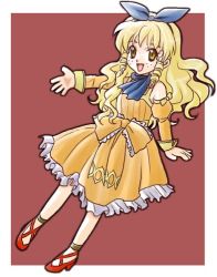 Rule 34 | 1girl, ascot, blonde hair, blue ascot, bow, brown eyes, calamity jane, collar, detached sleeves, dress, drill hair, freckles, full body, ginko (konekonoshippo), hair ribbon, high heels, long hair, open mouth, orange dress, red background, ribbon, shoes, sidelocks, simple background, smile, solo, waist bow, wild arms, wild arms 1
