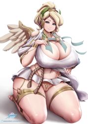 Rule 34 | 1girl, blonde hair, blue eyes, blush, breasts, cleavage, curvy, highres, huge breasts, kneeling, looking at viewer, mercy (overwatch), microskirt, midriff, navel, overwatch, overwatch 1, parted lips, simple background, skirt, smile, solo, spindles, thick thighs, thighs, thong, white background, wide hips, winged victory mercy, wings