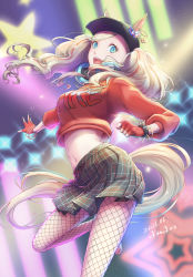 Rule 34 | 1girl, alternate costume, alternate eye color, animal ears, aqua eyes, aqua nails, asymmetrical bangs, asymmetrical hair, bangle, baseball cap, black hat, blonde hair, bloom, bracelet, breasts, clover, cowboy shot, crop top, crop top overhang, cropped sweater, dancing, dated, diffraction spikes, ear piercing, earrings, fingerless gloves, fishnet pantyhose, fishnets, four-leaf clover, from below, gloves, gold, hat, headphones, highres, hoop earrings, horse ears, horse tail, jewelry, kemonomimi mode, large breasts, leg up, long hair, long sleeves, looking at viewer, midriff, miniskirt, multicolored hair, nail polish, navel, open mouth, pantyhose, persona, persona 5, persona 5: dancing star night, persona dancing, piercing, plaid, plaid skirt, pleated skirt, red gloves, red sweater, scrunchie, signature, skirt, sleeves pushed up, smile, spiked bracelet, spikes, star (symbol), streaked hair, sweater, swept bangs, tail, takamaki anne, twintails, yoruno mahiru