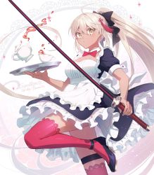 Rule 34 | 1girl, ahoge, apron, bad id, bad twitter id, bow, bowtie, cup, dark-skinned female, dark skin, fate/grand order, fate (series), hair between eyes, hair ornament, hair ribbon, highres, holding, holding plate, long hair, looking at viewer, maid, maid apron, okita souji (fate), okita souji alter (fate), plate, ponytail, red thighhighs, ribbon, silver hair, simple background, skirt, solo, standing, standing on one leg, teacup, teapot, thighhighs, tsuyukusa (eeta7273), very long hair, white background, yellow eyes