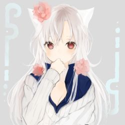 Rule 34 | 1girl, animal ears, breasts, cleavage, covering own mouth, flower, hair flower, hair ornament, long hair, looking at viewer, lpip, original, red eyes, simple background, small breasts, solo, sweater, white hair