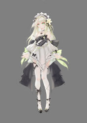 Rule 34 | 1girl, absurdres, black footwear, blonde hair, breasts, choker, dress, frilled choker, frilled hairband, frills, green eyes, grey background, hairband, high heels, highres, lolita fashion, long hair, looking at viewer, medium breasts, original, parted lips, seelehan, strapless, strapless dress, thighhighs, white dress, white thighhighs