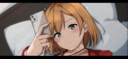 Rule 34 | 1girl, alp, bed, brown hair, cellphone, crossed legs, holding, holding phone, jacket, jewelry, letterboxed, lying, miyamori aoi, on back, on bed, pendant, phone, pillow, pink shirt, red jacket, shirobako, shirt, short hair, thighs, translation request