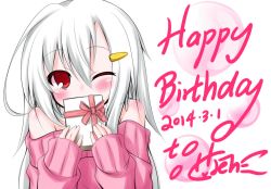 Rule 34 | 1girl, blush, dated, gift, hair ornament, hairclip, happy birthday, lethe-shion, long hair, looking at viewer, one eye closed, red eyes, simple background, solo, white background, white hair