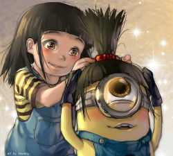Rule 34 | 1girl, agnes (despicable me), artist name, black gloves, black hair, blush, brown eyes, colored skin, despicable me, glint, gloves, goggles, hair bobbles, hair ornament, high ponytail, kawacy, minion (despicable me), overalls, shirt, striped clothes, striped shirt, wig, yellow skin