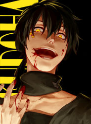 Rule 34 | 1boy, alternate color, black hair, blood, blood on face, blood on hands, character name, choker, crazy smile, dark konoha, dark persona, facial mark, kagerou project, konoha (kagerou project), looking at viewer, lowrain, male focus, open mouth, ponytail, short hair, slit pupils, smile, solo, spoilers, yellow eyes