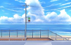 Rule 34 | absurdres, animal, bad id, bad pixiv id, beach, biako, bird, blue sky, cloud, cloudy sky, commentary request, crosswalk, day, flying, highres, horizon, no humans, ocean, original, outdoors, pedestrian lights, railing, revision, road, sand, scenery, sky, stairs, summer, water