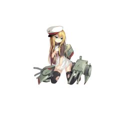 Rule 34 | 1girl, black thighhighs, blonde hair, blouse, blue eyes, broken, cannon, closed mouth, damaged, deutschland (warship girls r), full body, hair between eyes, hat, jacket, kneeling, lino-lin, long hair, looking to the side, machinery, official art, open clothes, open jacket, peaked cap, pout, red ribbon, ribbon, shirt, solo, thighhighs, torn clothes, torn thighhighs, transparent background, turret, warship girls r, white hat
