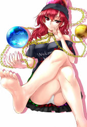 Rule 34 | 1girl, bare legs, bare shoulders, barefoot, black shirt, chain, closed mouth, clothes writing, collar, collarbone, earth (ornament), feet, hecatia lapislazuli, looking at viewer, moon (ornament), multicolored clothes, multicolored skirt, off-shoulder shirt, off shoulder, panties, pantyshot, pleated skirt, red eyes, red hair, shirt, simple background, sitting, skirt, smile, solo, sudako (dai011305), t-shirt, touhou, underwear, white background, white panties