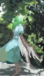 Rule 34 | 1girl, absurdres, barefoot, blue dress, bow, commentary request, daiyousei, dress, fairy wings, forest, from side, full body, green hair, hair bow, highres, long hair, low wings, nature, one-hour drawing challenge, one side up, painterly, profile, puffy short sleeves, puffy sleeves, short sleeves, solo, standing, touhou, ve1024, wings, yellow bow