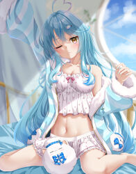 Rule 34 | 1girl, ;(, ahoge, alternate eye color, aqua jacket, aqua nails, arm up, bare legs, barefoot, blue hair, brown eyes, camisole, collarbone, crossed bangs, curtains, frilled camisole, frilled skirt, frills, fur-trimmed jacket, fur trim, furrowed brow, hair between eyes, hair ornament, hairclip, hand up, head tilt, heart, heart ahoge, highres, hololive, indoors, jacket, kogarashi tobi, light blue hair, light blush, light rays, long hair, long sleeves, midriff, multicolored clothes, multicolored jacket, navel, on bed, open clothes, open jacket, polka dot, polka dot camisole, polka dot skirt, puffy long sleeves, puffy sleeves, sidelocks, single off shoulder, sitting, skirt, spaghetti strap, stretching, striped clothes, striped jacket, sunbeam, sunlight, two-tone jacket, very long hair, virtual youtuber, waking up, wariza, white camisole, white jacket, white skirt, window, yukihana lamy, yukihana lamy (loungewear), yukimin (yukihana lamy)